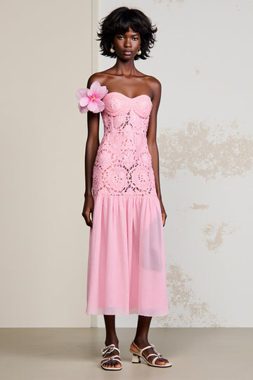 Strapless Pink Lace A Line Wedding Guest Dress